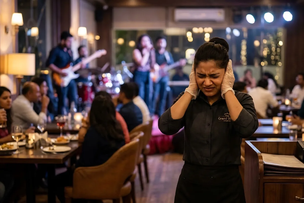 Noise-Induced Hearing Loss - Women Working at Resturant Too Much Music Loud She is Feeling Discomfort